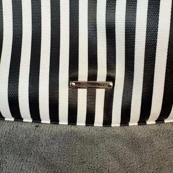 Rebecca Minkoff MAB Tote Black White Stripe Canvas Leather Handles - Picture 6 of 10